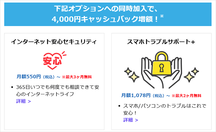 GMOとくとくBB光：2つのオプション申込みでキャッシュバック増額