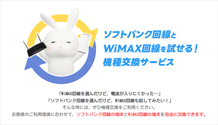 おきらくホームWi-Fi：ソフトバンク回線機器とWiMAX回線機器が自由に交換できるサービスを説明する画像