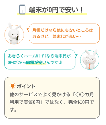 おきらくホームWi-Fi：機器代金0円を説明する画像