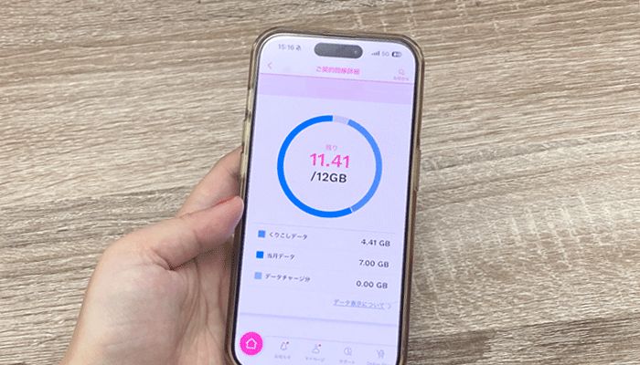 スマホで使用ギガ数をチェックしている写真