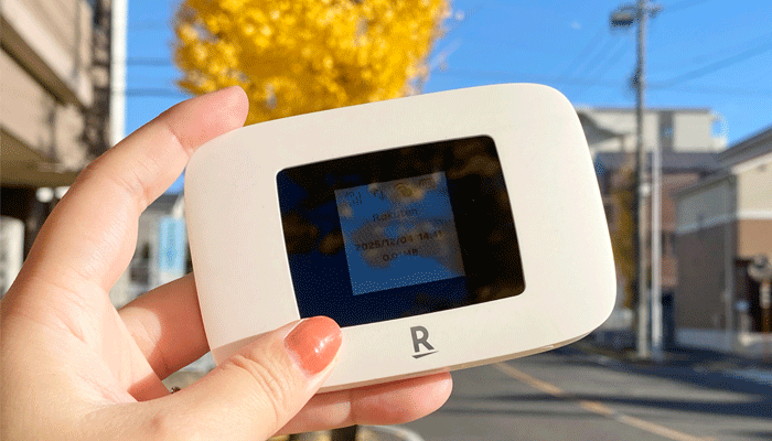 ポケット型WiFiを屋外とわかるような場所で持っているような写真