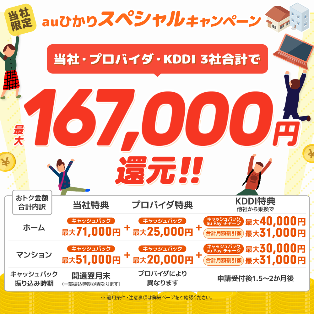 auひかりのお申込みで、最大141,000円おトク！